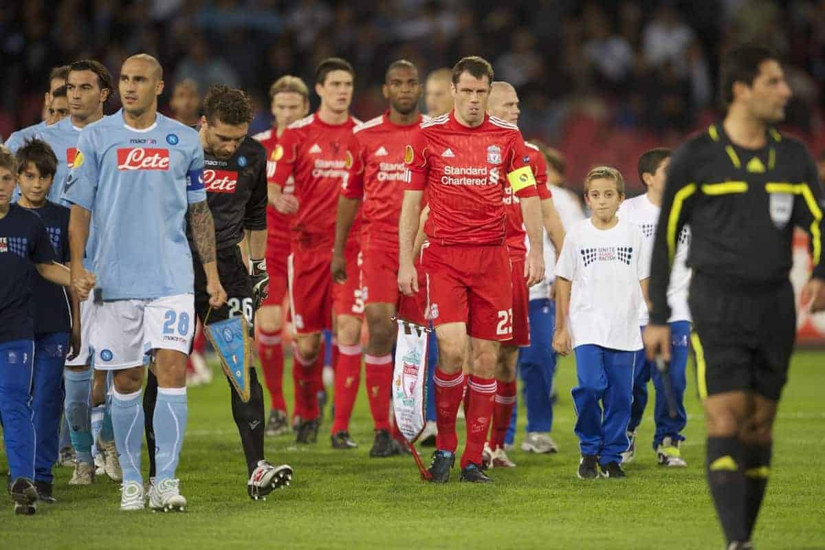 NAPELS, ITALY - Thursday, October 21, 2010: Liverpool's captain Jamie Carragher leads his side out to face SSC Napoli during the UEFA Europa League Group K match at the Stadio San Paolo. (Pic by: David Rawcliffe/Propaganda)