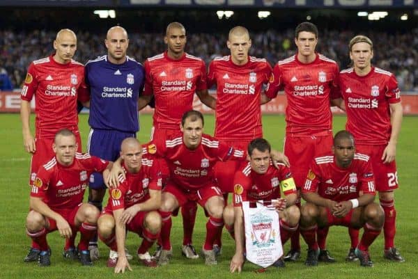 NAPELS, ITALY - Thursday, October 21, 2010: Liverpool players line-up before the UEFA Europa League Group K match against SSC Napoli at the Stadio San Paolo. Back row L-R: Jonjo Shelvey, goalkeeper Pepe Reina, David Ngog, Martin Skrtel, Martin Kelly, Christian Poulsen. Front row L-R: Jay Spearing, Paul Konchesky, Milan Jovanovic, captain Jamie Carragher, Ryan Babel. (Pic by: David Rawcliffe/Propaganda)