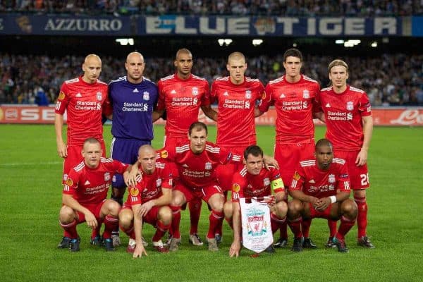 NAPELS, ITALY - Thursday, October 21, 2010: Liverpool players line-up before the UEFA Europa League Group K match against SSC Napoli at the Stadio San Paolo. Back row L-R: Jonjo Shelvey, goalkeeper Pepe Reina, David Ngog, Martin Skrtel, Martin Kelly, Christian Poulsen. Front row L-R: Jay Spearing, Paul Konchesky, Milan Jovanovic, captain Jamie Carragher, Ryan Babel. (Pic by: David Rawcliffe/Propaganda)