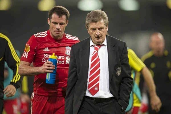 NAPELS, ITALY - Thursday, October 21, 2010: Liverpool's manager Roy Hodgson and Jamie Carragher walk off the pitch at half-time during the UEFA Europa League Group K match against SSC Napoli at the Stadio San Paolo. (Pic by: David Rawcliffe/Propaganda)