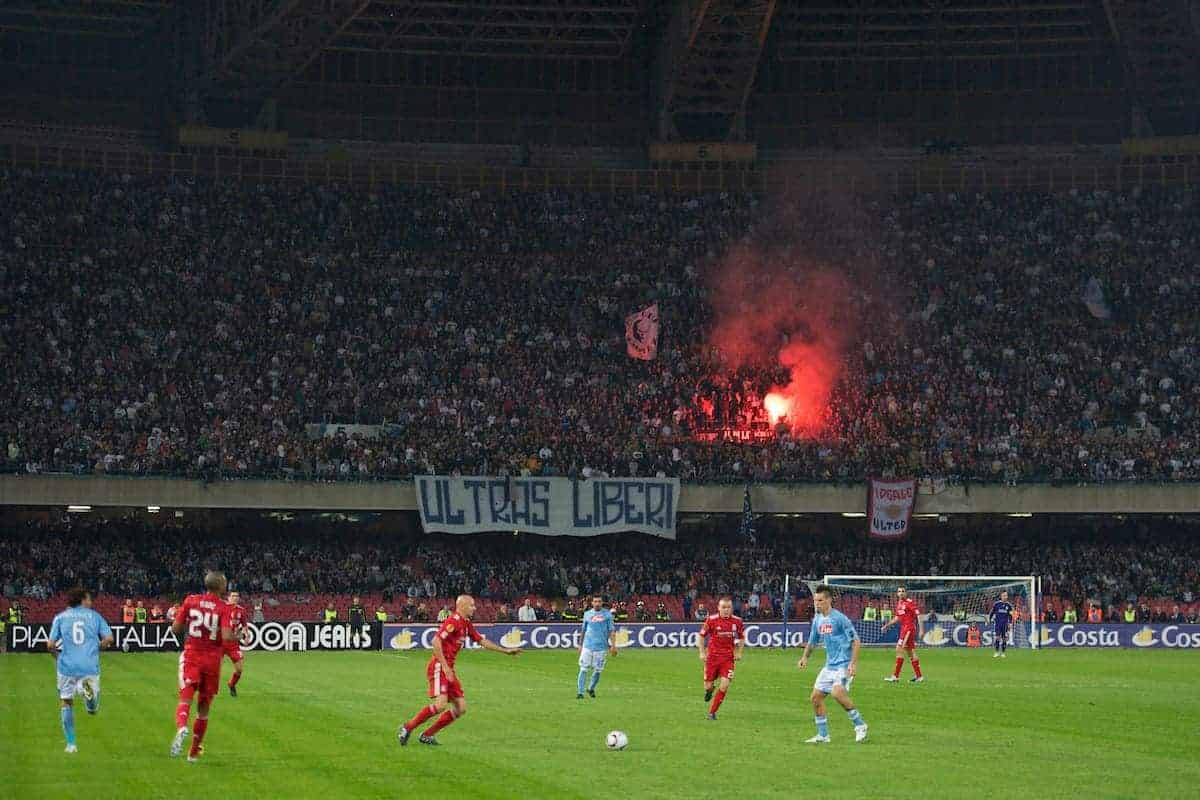 NAPELS, ITALY - Thursday, October 21, 2010: SSC Napoli supporters light a flare as their side take on Liverpool during the UEFA Europa League Group K match at the Stadio San Paolo. (Pic by: David Rawcliffe/Propaganda)