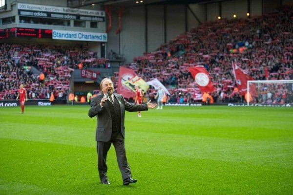 LIVERPOOL, ENGLAND - Sunday, October 24, 2010: Liverpool supporter and singer Gerry Marsden sings "You'll Never Walk Alone" before the Premiership match against Blackburn Rovers at Anfield. (Photo by David Rawcliffe/Propaganda)