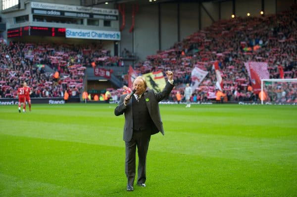 LIVERPOOL, ENGLAND - Sunday, October 24, 2010: Liverpool supporter and singer Gerry Marsden sings "You'll Never Walk Alone" before the Premiership match against Blackburn Rovers at Anfield. (Photo by David Rawcliffe/Propaganda)