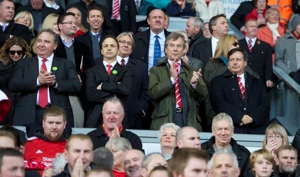 LIVERPOOL, ENGLAND - Sunday, October 24, 2010: Liverpool's new owners New England Sports Ventures vice chairman David Ginsberg, investor Michael Gordon, chairman Martin Broughton and co-owner and NESV Chairman Tom Werner during the Premiership match against Blackburn Rovers at Anfield. (Photo by David Rawcliffe/Propaganda)