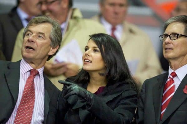 LIVERPOOL, ENGLAND - Thursday, November 4, 2010: Liverpool's former chairman Martin Broughton, owner John W. Henry and Henry's wife Linda Pizzuti before the UEFA Europa League Group K Matchday 4 match against SSC Napoli at Anfield. (Photo by David Rawcliffe/Propaganda)