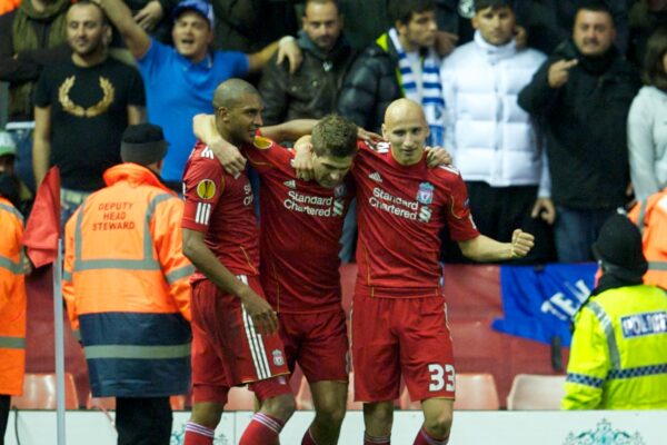 LIVERPOOL, ENGLAND - Thursday, November 4, 2010: Liverpool's captain Steven Gerrard MBE celebrates with team-mates David Ngog and Jonjo Shelvey after scoring an equalising goal against SSC Napoli during the UEFA Europa League Group K Matchday 4 match at Anfield. (Photo by David Rawcliffe/Propaganda)
