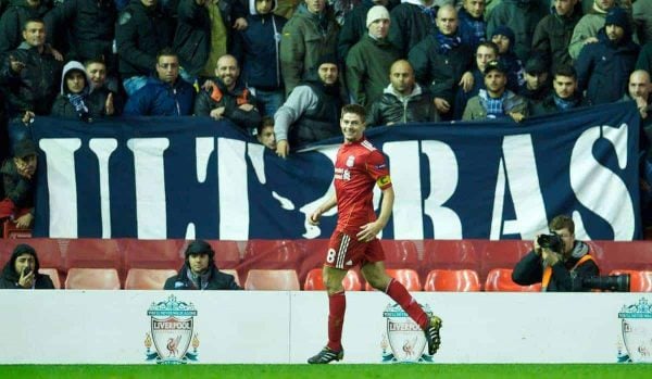 LIVERPOOL, ENGLAND - Thursday, November 4, 2010: Liverpool's captain Steven Gerrard MBE celebrates scoring his, and his side's third goal against SSC Napoli during the UEFA Europa League Group K Matchday 4 match at Anfield. (Photo by David Rawcliffe/Propaganda)