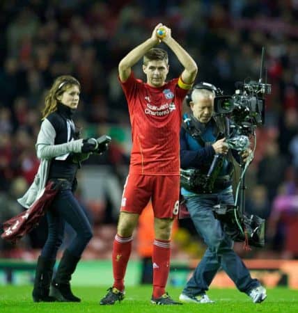 LIVERPOOL, ENGLAND - Thursday, November 4, 2010: Liverpool's hat-trick hero captain Steven Gerrard MBE applauds the supporters after his three goals sealed a 3-1 victory over SSC Napoli during the UEFA Europa League Group K Matchday 4 match at Anfield. (Photo by David Rawcliffe/Propaganda)