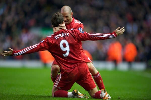 LIVERPOOL, ENGLAND - Sunday, November 7, 2010: Liverpool's Fernando Torres celebrates scoring his second goal against Chelsea with team-mate Raul Meireles during the Premiership match at Anfield. (Photo by David Rawcliffe/Propaganda)