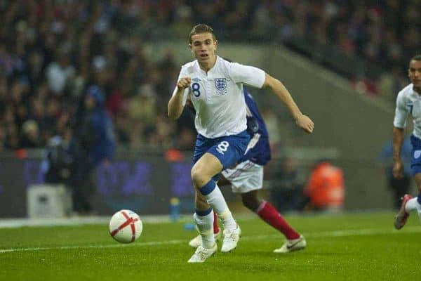 LONDON, ENGLAND - Wednesday, November 17, 2010: England's Jordan Henderson in action against France during the International Friendly match at Wembley Stadium. (Pic by: David Rawcliffe/Propaganda)