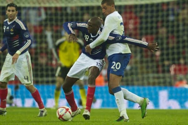 LONDON, ENGLAND - Wednesday, November 17, 2010: England's Jay Bothroyd in action against France's Alou Diarra during the International Friendly match at Wembley Stadium. (Pic by: David Rawcliffe/Propaganda)