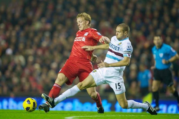 LIVERPOOL, ENGLAND - Saturday, November 20, 2010: Liverpool's Dirk Kuyt and West Ham United's captain Matthew Upson during the Premiership match at Anfield. (Photo by: David Rawcliffe/Propaganda)