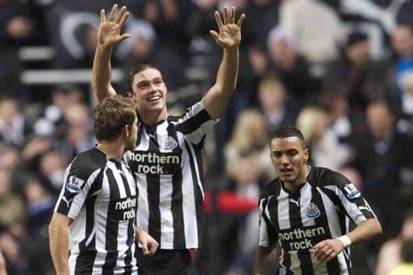 NEWCASTLE, ENGLAND - Saturday, December 11, 2010: Newcastle United's Andy Carroll celebrates scoring his side's third goal against Liverpool during the Premiership match at St James' Park. (Photo by: David Rawcliffe/Propaganda)