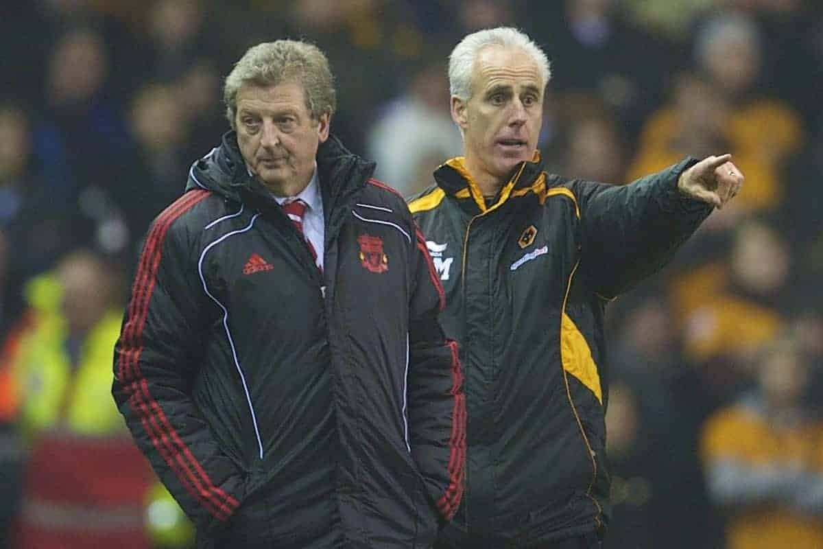 LIVERPOOL, ENGLAND - Wednesday, December 29, 2010: Liverpool's manager Roy Hodgson and Wolverhampton Wanderers' manager Mick McCarthy during the Premiership match at Anfield. (Photo by: David Rawcliffe/Propaganda)