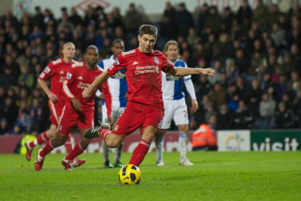 BLACKBURN, ENGLAND - Wednesday, January 5, 2011: Liverpool's captain Steven Gerrard MBE misses a penalty kick against Blackburn Rovers during the Premiership match at Ewood Park. (Pic by: David Rawcliffe/Propaganda)