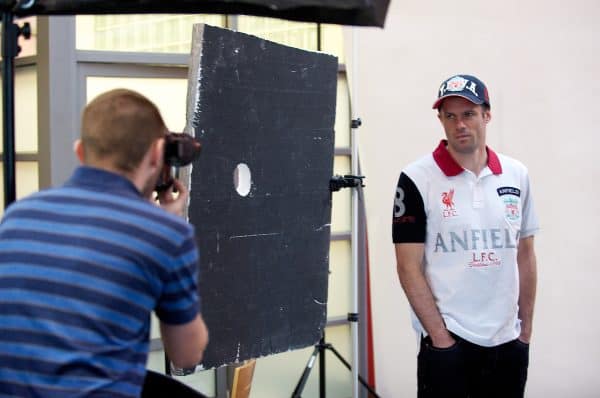 LIVERPOOL, ENGLAND - Friday, January 7th, 2011: Liverpool's Jamie Carragher poses for a photoshoot for the Liverpool FC fashion catelogue at the club's Melwood Training Ground. (Pic by David Rawcliffe/Propaganda)