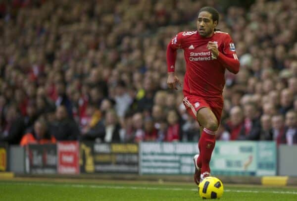 LIVERPOOL, ENGLAND - Sunday, January 16, 2011: Liverpool's Glen Johnson in action against Everton during the Premiership match at Anfield. (Photo by: David Rawcliffe/Propaganda)