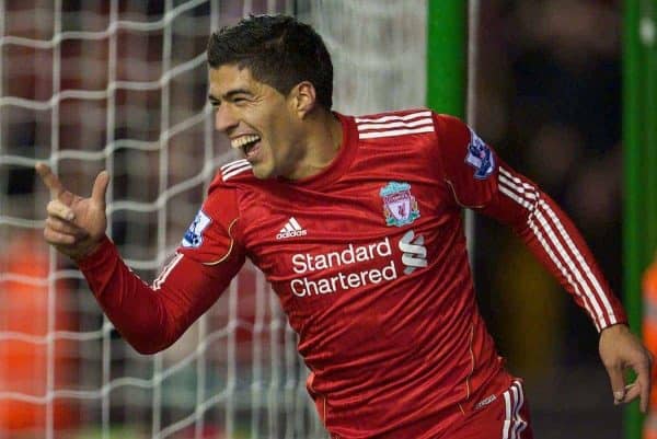 LIVERPOOL, ENGLAND - Wednesday, February 2, 2011: Liverpool's Luis Suarez celebrates scoring his side's second goal against Stoke City, minutes after coming on as a substitute to make his debut, during the Premiership match at Anfield. (Photo by David Rawcliffe/Propaganda)
