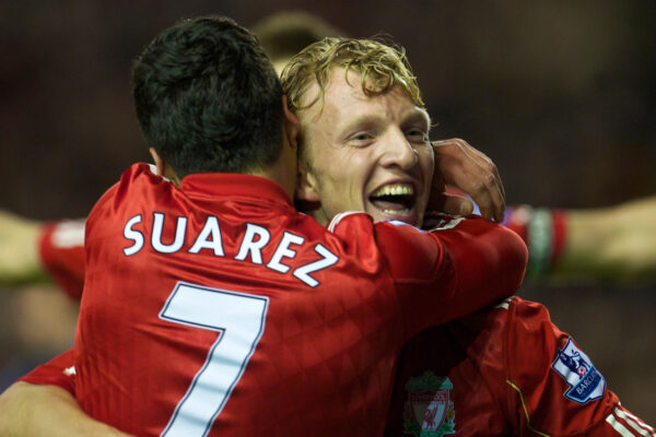 LIVERPOOL, ENGLAND - Wednesday, February 2, 2011: Liverpool's Luis Suarez celebrates scoring his side's second goal against Stoke City, minutes after coming on as a substitute to make his debut, with team-mate Dirk Kuyt during the Premiership match at Anfield. (Photo by David Rawcliffe/Propaganda)