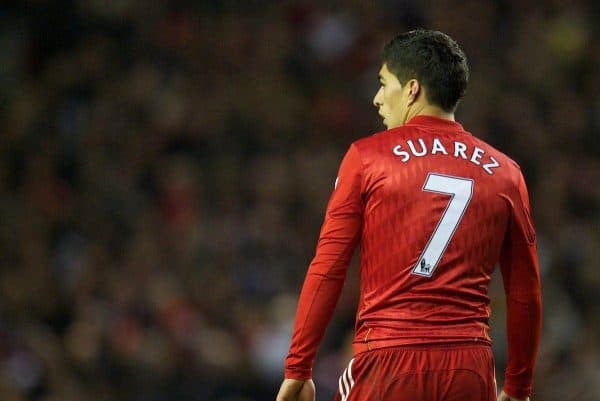 LIVERPOOL, ENGLAND - Wednesday, February 2, 2011: Liverpool's Luis Alberto Suarez Diaz in action against Stoke City during the Premiership match at Anfield. (Photo by David Rawcliffe/Propaganda)