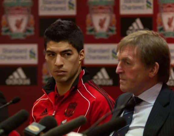 LIVERPOOL, ENGLAND - Thursday, February 3, 2011: Liverpool's new signing Luis Alberto Suarez Diaz with manager Kenny Dalglish during a photo-call at Anfield. Luis Suarez signed from Ajax for £22.8m. (Photo by Vegard Grott/Propaganda)