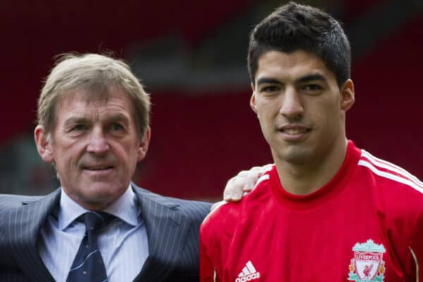 LIVERPOOL, ENGLAND - Thursday, February 3, 2011: Liverpool's new siginging Luis Suarez with manager Kenny Dalglish during a photo-call at Anfield. Suarez signed from Ajax for 22.8m (Photo by Vegard Grott/Propaganda).