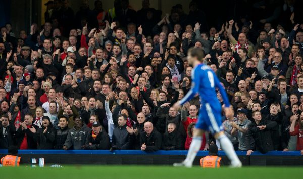 LONDON, ENGLAND - Sunday, February 6, 2011: Chelsea's Fernando Torres is abused by Liverpool fans during the Premiership match at Stamford Bridge. (Photo by Chris Brunskill/Propaganda)