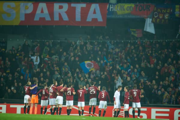 PRAGUE, CZECH REPUBLIC, Thursday, February 17, 2011: AC Sparta Prague players salute their supporters after their goal-less draw with Liverpool during the UEFA Europa League Round of 32 1st leg match at the Letna? Stadion . (Photo by David Rawcliffe/Propaganda)