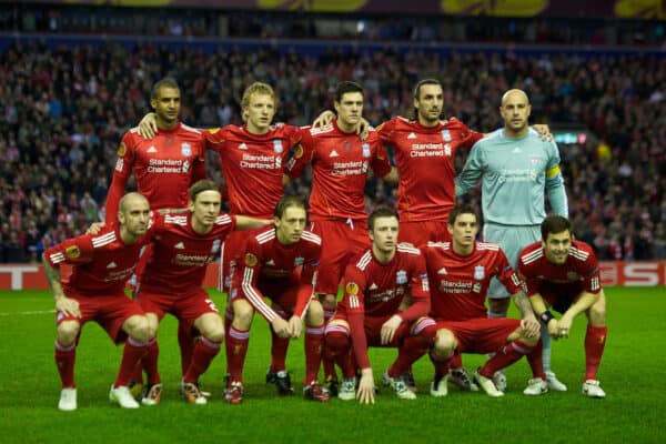 LIVERPOOL, ENGLAND, Thursday, February 24, 2011: Liverpool's team to face AC Sparta Praha; Back Row (L-R) David Ngog, Dirk Kuyt, Martin Kelly, Sotirios Kyrgiakos, goalkeeper Jose Reina, Front Row (L-R) Raul Meireles, Christian Poulsen, Lucas Leiva, Danny Wilson, Daniel Agger and Joe Cole during the UEFA Europa League Round of 32 2nd leg match at Anfield. (Photo by David Rawcliffe/Propaganda)