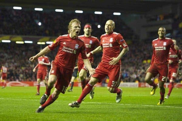 LIVERPOOL, ENGLAND, Thursday, February 24, 2011: Liverpool's Dirk Kuyt celebrates scoring a late winning goal against AC Sparta Praha during the UEFA Europa League Round of 32 2nd leg match at Anfield. (Photo by David Rawcliffe/Propaganda)