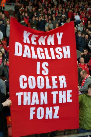 LIVERPOOL, ENGLAND - Sunday, March 6, 2011: Liverpool fans on the famous Spion Kop with a banner reading; "manager Kenny Dalglish is cooler than the Fonz" during the Premiership match against Manchester United at Anfield. (Photo by David Rawcliffe/Propaganda)