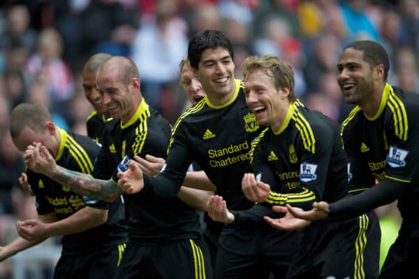 SUNDERLAND, ENGLAND - Sunday, March 20, 2011: Liverpool's Luis Alberto Suarez Diaz celebrates scoring the second goal against Sunderland with team-mates Raul Meireles, Lucas Leiva and Glen Johnson during the Premiership match at the Stadium of Light. (Photo by David Rawcliffe/Propaganda)