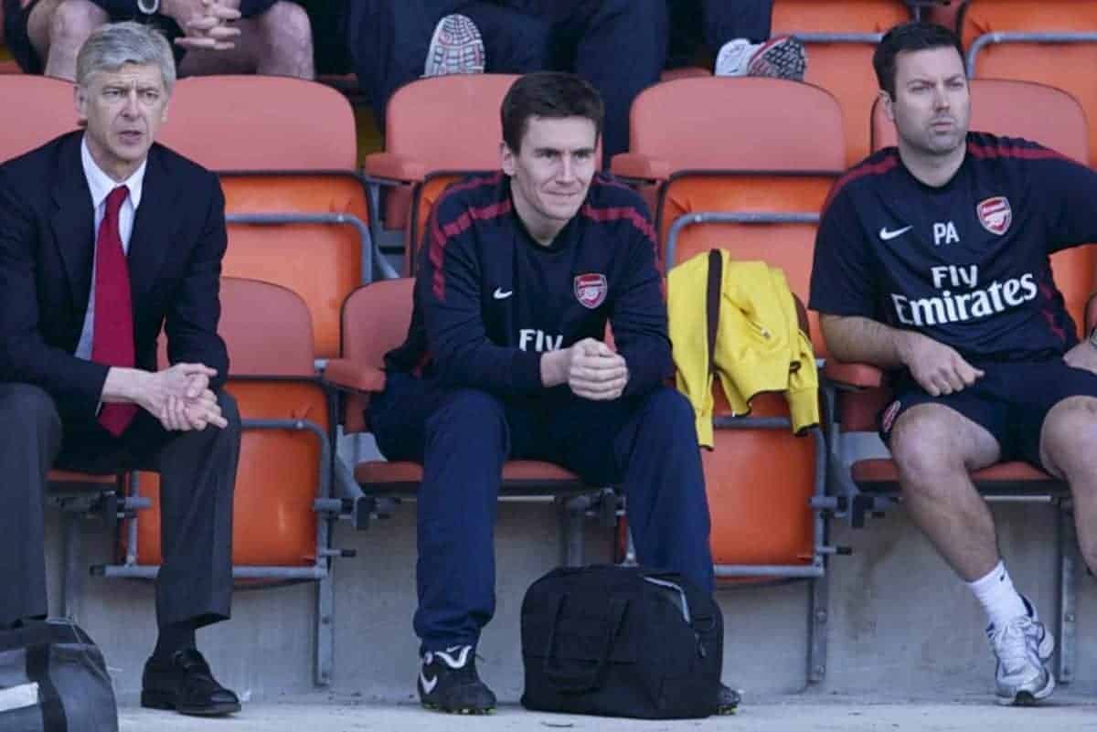 BLACKPOOL, ENGLAND - Sunday, April 10, 2011: Arsenal's manager Arsene Wenger during the Premiership match against Blackpool at Bloomfield Road. (Photo by David Rawcliffe/Propaganda)