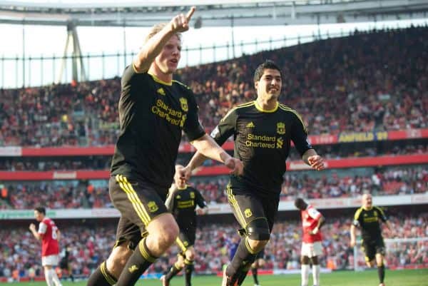 LONDON, ENGLAND - Sunday, April 17, 2011: Liverpool's Dirk Kuyt celebrates scoring an injury time equalising goal from the penalty spot against Arsenal during the Premiership match at the Emirates Stadium. (Photo by David Rawcliffe/Propaganda)