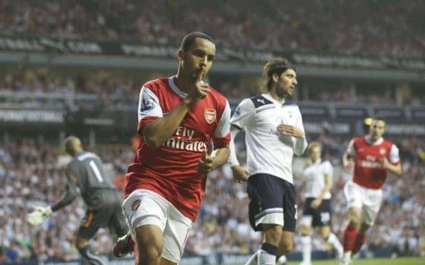 LONDON, ENGLAND - Wednesday, April 20, 2011: Arsenal's Theo Walcott scores the first goal against Tottenham Hotspur during the Premiership match at White Hart Lane. (Photo by David Rawcliffe/Propaganda)