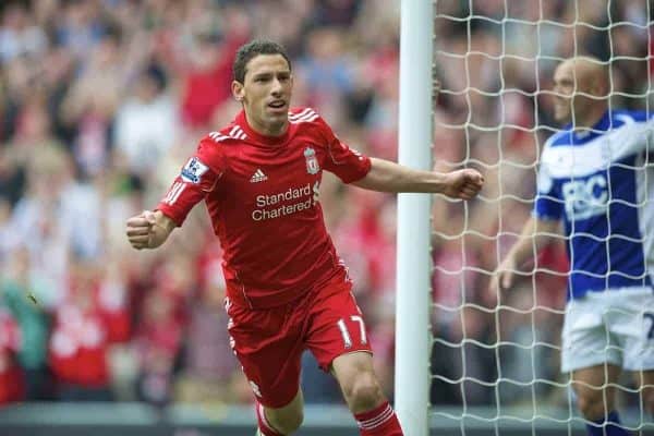 LIVERPOOL, ENGLAND - Saturday, April 23, 2011: Liverpool's Maximiliano Ruben Maxi Rodriguez celebrates scoring his side's first goal against Birmingham City, the first of his hat-trick of goals, during the Premiership match at Anfield. (Photo by David Rawcliffe/Propaganda)