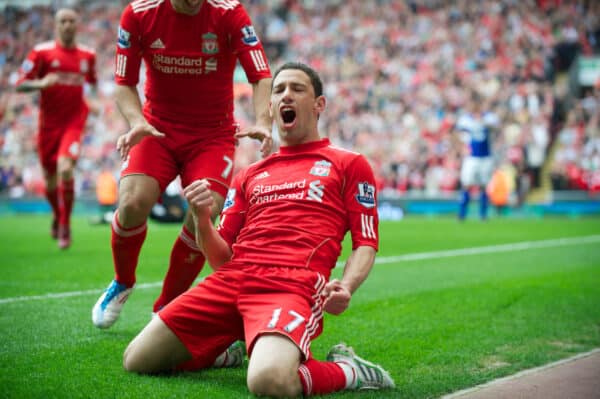 LIVERPOOL, ENGLAND - Saturday, April 23, 2011: Liverpool's Maximiliano Ruben Maxi Rodriguez celebrates scoring his side's first goal against Birmingham City, the first of his hat-trick of goals, during the Premiership match at Anfield. (Photo by David Rawcliffe/Propaganda)