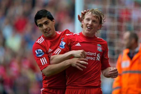 LIVERPOOL, ENGLAND - Saturday, April 23, 2011: Liverpool's Dirk Kuyt celebrates scoring his side's second goal against Birmingham City with team-mate Luis Alberto Suarez Diaz during the Premiership match at Anfield. (Photo by David Rawcliffe/Propaganda)