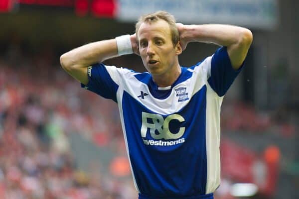 LIVERPOOL, ENGLAND - Saturday, April 23, 2011: Birmingham City's Lee Bowyer looks dejected as his side lose 5-0 to Liverpool during the Premiership match at Anfield. (Photo by David Rawcliffe/Propaganda)
