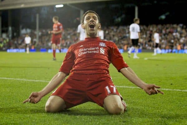 LONDON, ENGLAND - Monday, May 9, 2011: Liverpool's Maximiliano Ruben Maxi Rodriguez celebrates scoring the third of his hat-trick of goals against Fulham to put his side 4-1 up during the Premiership match at Craven Cottage. (Photo by David Rawcliffe/Propaganda)