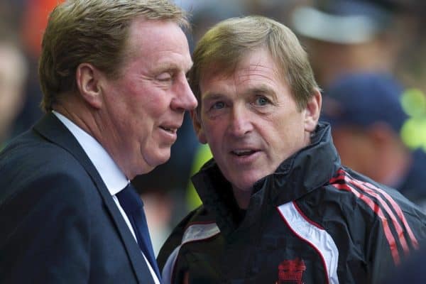 LIVERPOOL, ENGLAND - Sunday, May 15, 2011: Liverpool's manager Kenny Dalglish MBE and Tottenham Hotspur's manager Harry Redknapp during the Premiership match at Anfield. (Photo by David Rawcliffe/Propaganda)