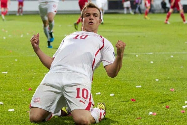 AALBORG, DENMARK - Saturday, June 11, 2011: Switzerland's Xherdan Shaqiri (FC Basel 1893) celebrates scoring the first goal against Denmark during the UEFA Under-21 Championship Denmark 2011 Group A match at the Aalborg Stadion. (Photo by Vegard Grott/Propaganda)