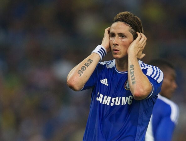 KUALA LUMPUR, MALAYSIA - Thursday, July 21, 2011: Chelsea's Fernando Torres, in familier pose, during a preseason match against Malaysia XI at the National Stadium Bukit Jalil in Kuala Lumpur on the club's Asia Tour. (Photo by David Rawcliffe/Propaganda)