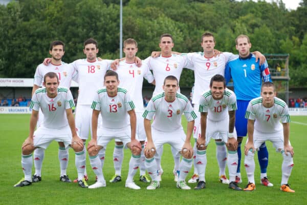 HAVERFORDWEST, WALES - Wednesday, August 10, 2011: Hungary's players line-up for a team-group photograph before an Under-21 International Friendly match against Wales at the Conygar Bridge Meadow Stadium. Back row L-R: Daniel Nagy, Attila Fiola, Zsolt Szokol, Ferenc Fodor, Marko Futacs, goalkeeper Peter Gulacsi. Front row L-R: Adam Simon, Benjamin Balazs, Daniel Svab, Andras Gosztonyi, Adam Bodi. (Photo by Gareth Davies/Propaganda)