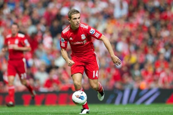 LIVERPOOL, ENGLAND - Saturday, August 13, 2011: Liverpool's Jordan Henderson in action against Sunderland during the Premiership match at Anfield. (Pic by David Rawcliffe/Propaganda)