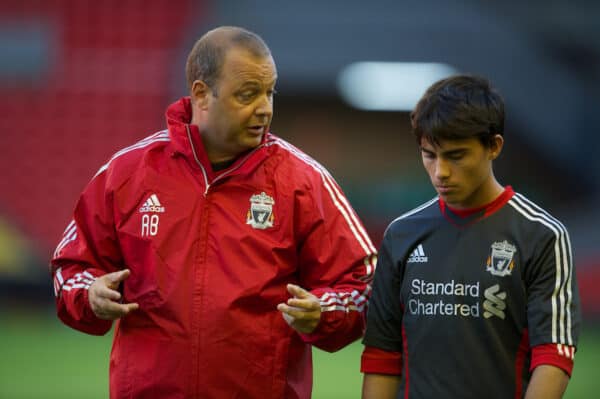 LIVERPOOL, ENGLAND - Wednesday, August 17, 2011: Liverpool's reserve team head coach Rodolfo Borrell 'Suso' Jesus Fernandez Saez during the first NextGen Series Group 2 match against Sporting Clube de Portugal at Anfield. (Pic by David Rawcliffe/Propaganda)