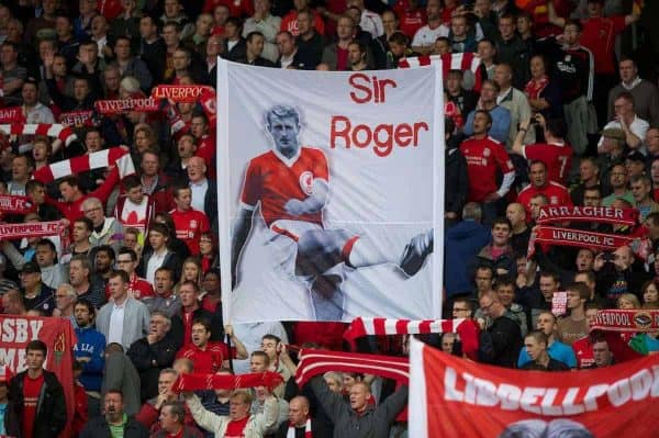 LIVERPOOL, ENGLAND - Saturday, August 27, 2011: Liverpool fans' banner remembering 'Sir' Roger Hunt during the Premiership match against Bolton Wanderers at Anfield. (Pic by David Rawcliffe/Propaganda)