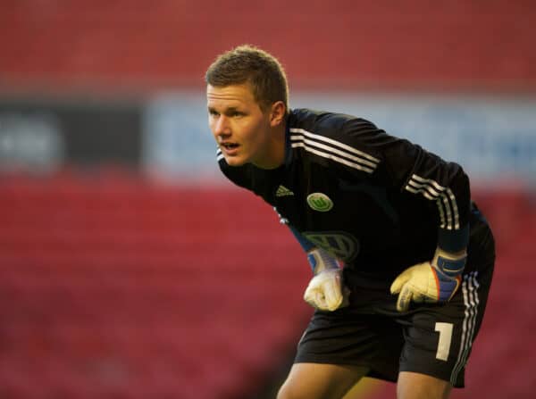 LIVERPOOL, ENGLAND - Wednesday, September 14, 2011: VfL Wolfsburg's goalkeeper Patrick Drews in action against Liverpool during the NextGen Series Group 2 match at Anfield. (Pic by David Rawcliffe/Propaganda)