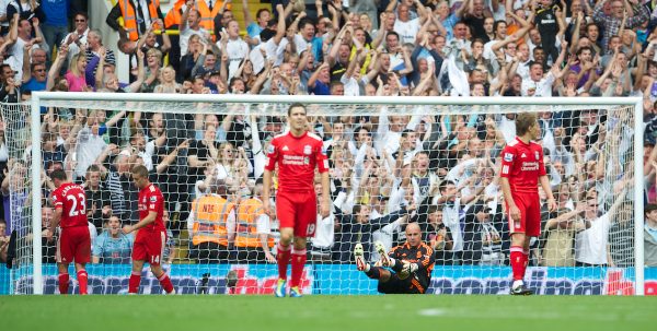 LONDON, ENGLAND - Sunday, September 18, 2011: Liverpool's goalkeeper Jose Reina looks dejected after his mistake handed Tottenham Hotspur the third goal during the Premiership match at White Hart Lane. (Pic by David Rawcliffe/Propaganda)