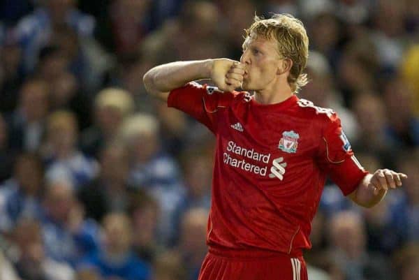 BRIGHTON, ENGLAND - Wednesday, September 21, 2011: Liverpool's Dirk Kuyt celebrates scoring the second goal against Brighton & Hove Albion during the Football League Cup 3rd Round match at the Amex Stadium. (Pic by David Rawcliffe/Propaganda)